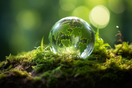 Earth Day Serenity. Green Globe Amidst Enchanting Forest, Moss, and Abstract Sunlight Blissの素材