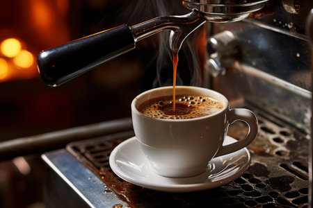Close-up of a Professional Coffee Maker Brewing Rich Mocha Coffee into a White Cupの素材