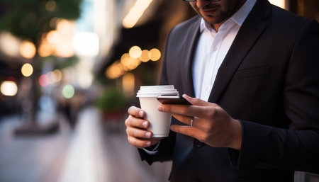 Focused businessman typing sms on smartphone with takeaway coffee in busy city streetの素材