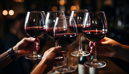 Group of friends savoring the moment with a toast of red wine at a lively dinner partyの素材