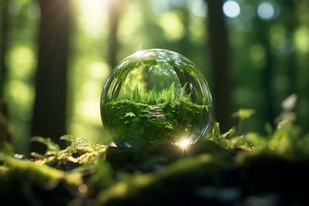 Environmentally Friendly Earth Day. Green Globe in Forest with Moss and Defocused Sunlightの素材