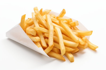 Delicious Classic French Fries Served in a Crispy Paper Packet, Isolated on a Clean White Backgroundの素材
