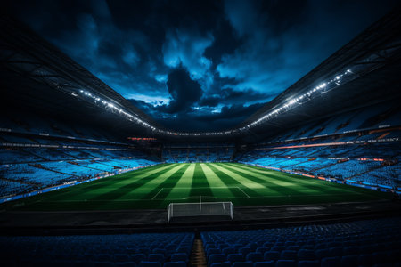 Captivating serenity of an illuminated soccer field in the stillness of a deserted stadium at nightの素材