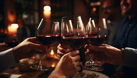 Friends toasting wine at lively restaurant   enjoying delightful evening of camaraderie and laughterの素材