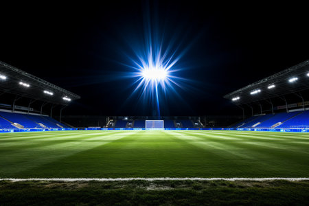 Nighttime magic enchanting soccer pitch shines in empty stadium under captivating lights.の素材