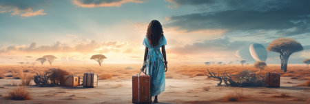 Joyful adventurer embraces travel lifestyle in scenic setting, radiating prosperity and well being.の素材