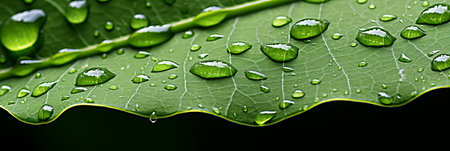 Glistening raindrops on a vibrant green leaf in a mesmerizing and breathtaking super macro shotの素材