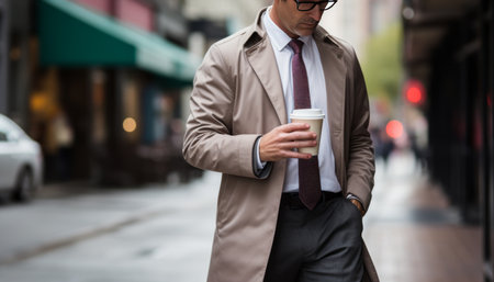 Close up of a businessman networking on mobile phone with take away coffee in city streetの素材