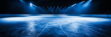 Empty grand hockey arena with immaculate rink illuminated by white and blue spotlightsの素材