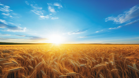 Mesmerizing sunrise over serene countryside with vibrant wheat fields and clear blue skyの素材