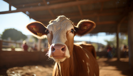 Giant ecological cow grazing at domestic farm with distant factory in high quality resolutionの素材