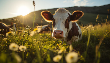 Gigantic ecological cow grazing at the domestic farm against industrial factory backgroundの素材