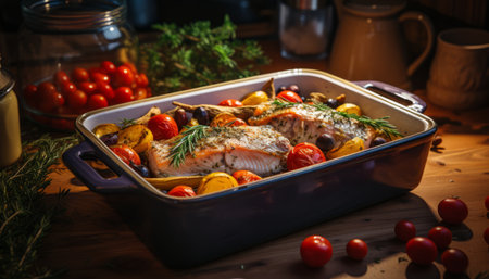 Mouthwatering and flavorful roasted fish in a sizzling pan, a delectable treat for your taste budsの素材