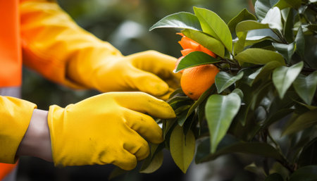 Professional gardener wearing protective gloves pruning lush green plants on a sunny dayの素材