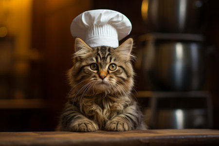 Elegant and adorable cat chef in the kitchen, passionately preparing nutritious meals for animalsの素材