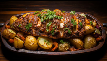 Flavorful herb infused pan roasted fish fillet with zesty lemon, a culinary masterpieceの素材