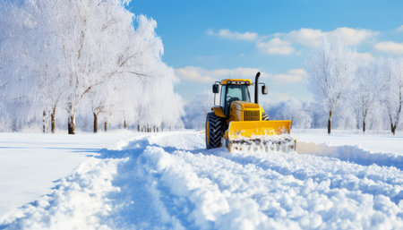 Winter weather prepared snow plow clearing roads during heavy snowfall and ensuring safe passageの素材