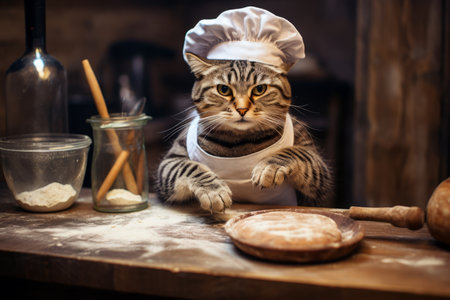 Cute domestic cat wearing a chefs hat, passionately cooking nutritious meals in a modern kitchenの素材