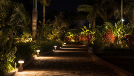 Contemporary outdoor led lighting systems transforming a modern backyard into an enchanting oasisの素材