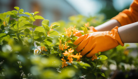 Experienced gardener expertly pruning plants with protective gloves on a bright and sunny dayの素材