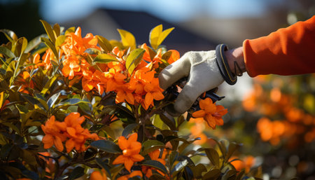 Professional gardener meticulously pruning plants with gloved hands on a sunny day in a lush gardenの素材