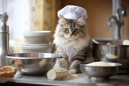 Cute cat chef in a cozy kitchen, expertly preparing nutritious meals for animals with love and careの素材