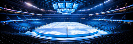 Immaculate professional hockey rink shining in bright white and intense blue spotlightsの素材