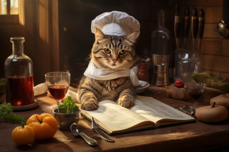Adorable cat chef wearing a cooking hat prepares nutritious meals for furry friends in the kitchenの素材