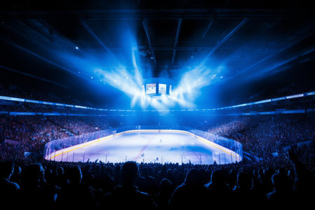 Immaculate professional hockey rink shining in bright white and intense blue spotlightsの素材