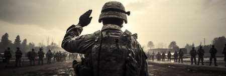 Proud and patriotic unrecognizable us soldier saluting the us army with respect and honorの素材