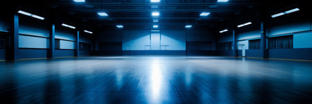 Title captivating view of an empty professional basketball court illuminated in a dimly lit arenaの素材