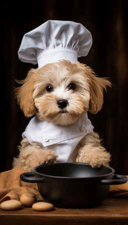 Cute and talented dog chef passionately cooking nutritious meals for animals in the kitchenの素材