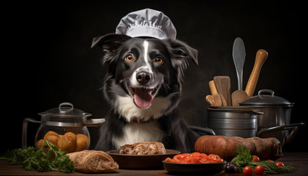 Talented and adorable dog chef in the kitchen passionately preparing nutritious meals for animalsの素材