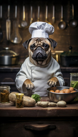 Charming dog chef expertly cooking and serving nutritious meals for animals in the kitchenの素材