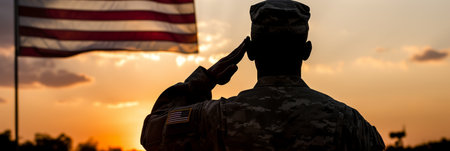 Patriotic us soldier saluting with respect to unrecognizable us army troops on a sunny dayの素材