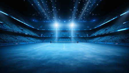Deserted grand arena   serene tennis court basking in enchanting solitude and tranquilityの素材