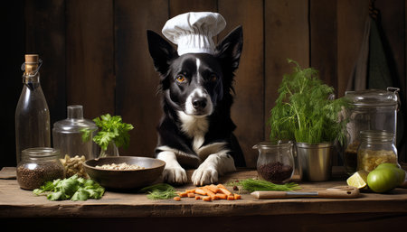Cheerful and talented dog chef in the kitchen, passionately cooking up nutritious meals for animalsの素材
