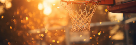 Basketball soaring through a basketball hoop in a dramatic display of skill and precisionの素材