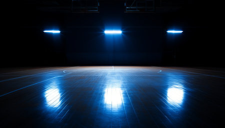 Title ethereal glow serene professional basketball court shrouded in enigmatic darknessの素材