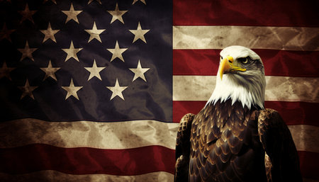 Powerful american bald eagle with outstretched wings on grunge american flag backgroundの素材