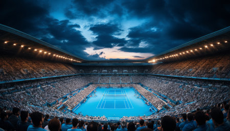 Deserted tennis court in a majestic arena with an illuminated net, glowing in the darknessの素材