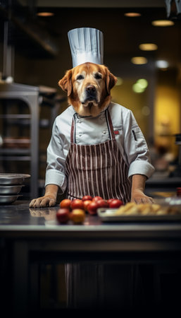 Playful and adorable dog chef in the kitchen passionately cooking nutritious meals for animalsの素材
