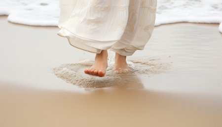 Tranquil beach escape   woman leisurely walking on the sandy beach closeup with stunning ocean viewの素材