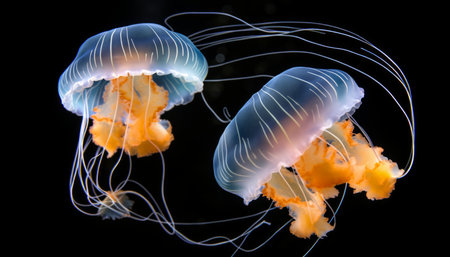 Spectacular orange bell jellyfish gracefully swimming in the vibrant turquoise waters of the oceanの素材