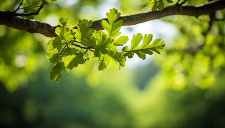 Golden sunlight streaming through vibrant oak tree leaves in a picturesque natural landscapeの素材