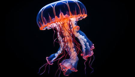 Vibrant orange bell jellyfish gracefully swimming in the crystal clear turquoise waters of the oceanの素材