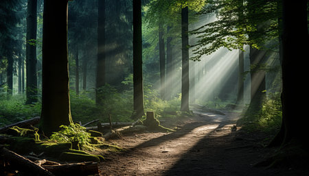 Captivating sunbeams illuminating a serene misty forest with mesmerizing sun light raysの素材