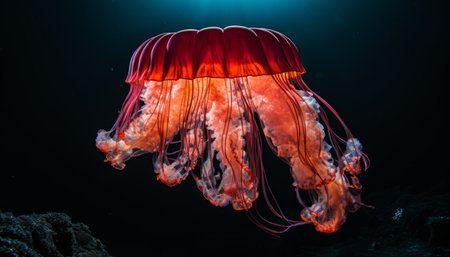 Magnificent and ethereal giant bell jellyfish floating gracefully in the crystal clear blue waterの素材
