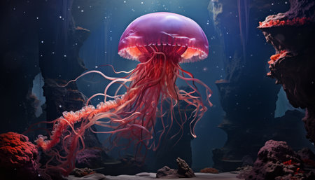 Magnificent and mesmerizing big bell jellyfish floating gracefully in the crystal clear waterの素材