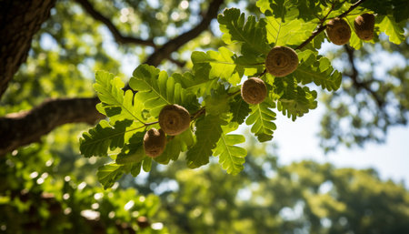 Exquisite oak tree leaves shimmering under the enchanting splendor of golden sunlightの素材